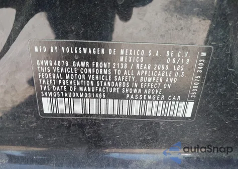 2019 Volkswagen Golf 1.4T S/1.4T Se from USA, damaged, VIN 3VWG57AU0KM031465